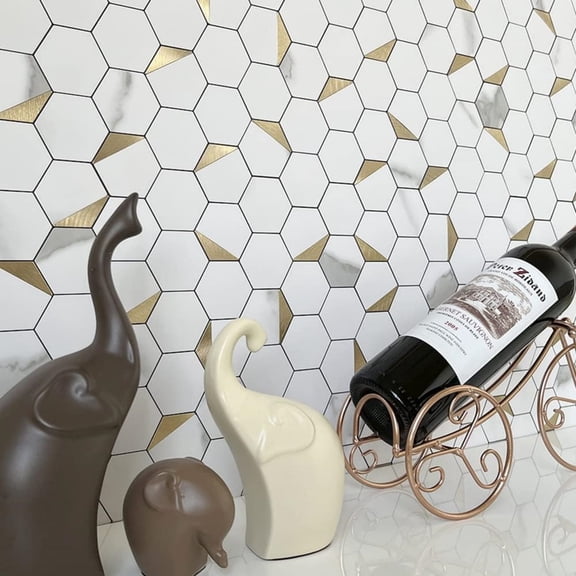 10-Sheet Hexagon Tile Peel and Stick Backsplash, White Marble Look PVC Mixed Golden Metal Mosaic Tiles for Kitchen and Bathroom