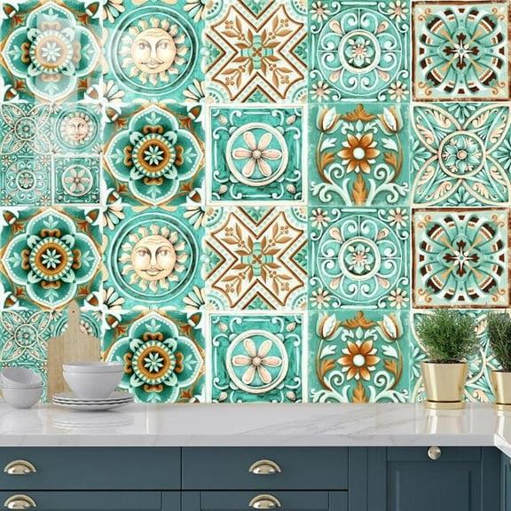 10 Sheet Kitchen Backsplash Tile Stickers Retro Floral Decor Green Brown Vinyl Decals Bathroom Wall Removable Peel and Stick Tiles 5.9"x5.9"