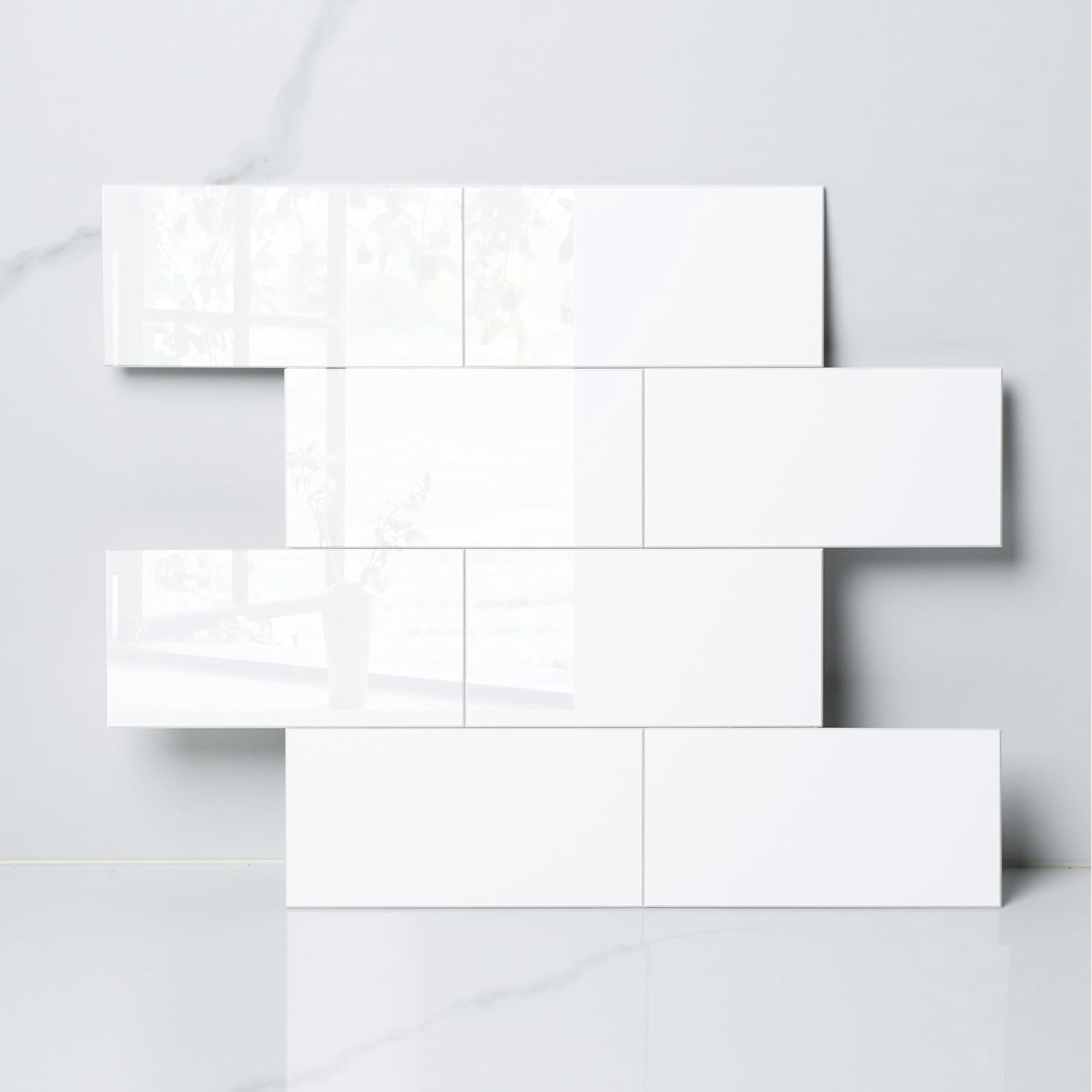 10 Sheet Peel and Stick Backsplash,12”x12”Pure White Subway Tile for Kitchen Wall,Self Adhesive Glossy Faux Marble Tile,Stick on Accent Wall Backsplash Tile for Living Room, Bedroom,RV