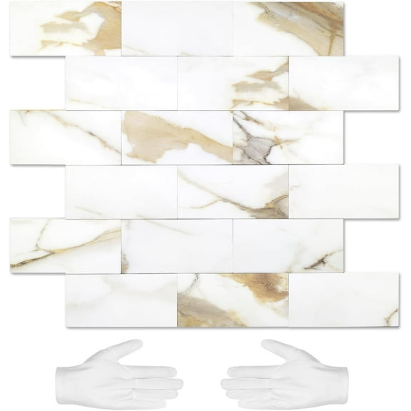 10-Sheet Peel and Stick Backsplash for Kitchen, Stick on Kitchen Backsplash PVC Wall Tile, Calacatta Golden Self Adhesive Subway Tile