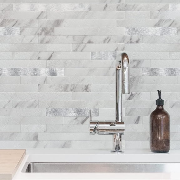 10-Sheet Peel and Stick Stone Backsplash Tile for Kitchen, Bathroom - White Embellished with Metal Silver