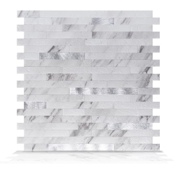 10-Sheet Peel and Stick Stone Backsplash Tile for Kitchen, Bathroom - White Embellished with Metal Silver