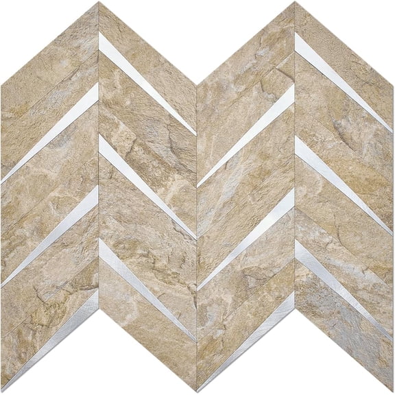 10-Sheet Sandstone Look Herringbone Peel and Stick Backsplash for Kitchen, PVC Mixed Metal Gold Chevron Stick on Backsplash Wall Tiles