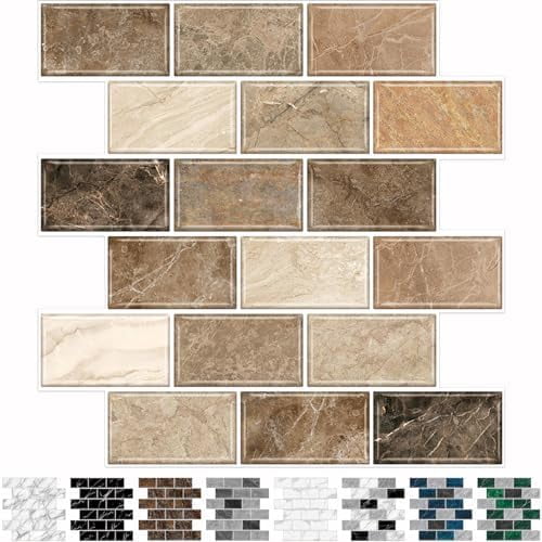 10-Sheet Stick on Backsplash for Kitchen,12"x12" Peel and Stick Self Adhesive Wall Tiles Back Splashes for Bathroom Brown Marble Look