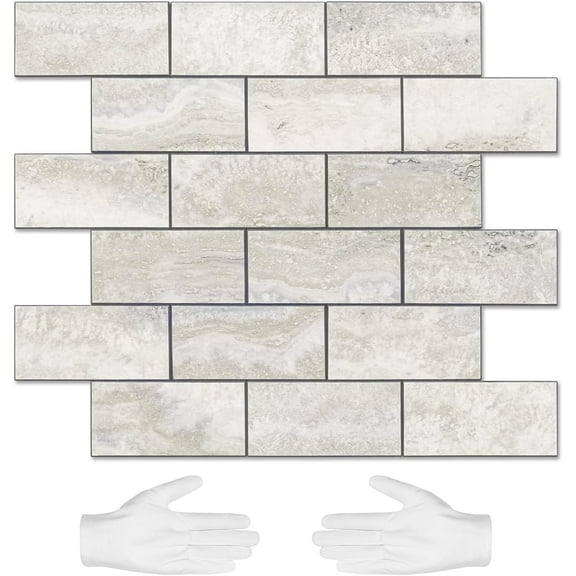 10-Sheet Subway Tile Cream Peel and Stick Backsplash, Beige Stone Texture with Grey Grout Kitchen Backsplash Wall Tile, 3D Adhesive Stick on Tile for Bathroom, RV, Fireplace