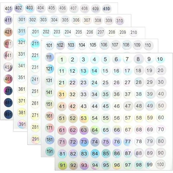 10 Sheets 1 to 500 Reflective Laser Number Stickers Self Adhesive Label Stickers Small Round Waterproof Organizing Stickers for Home School Office Decoration
