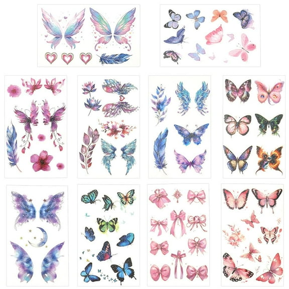 10 Sheets 10 Colors Colorful Butterfly Tattoos Body Art Tattoo Stickers PET Cartoon Fairy Insect Animal Summer Paper Body Sticker Accessories for Arm Shoulder Leg Party Favor DIY Decoration Gray