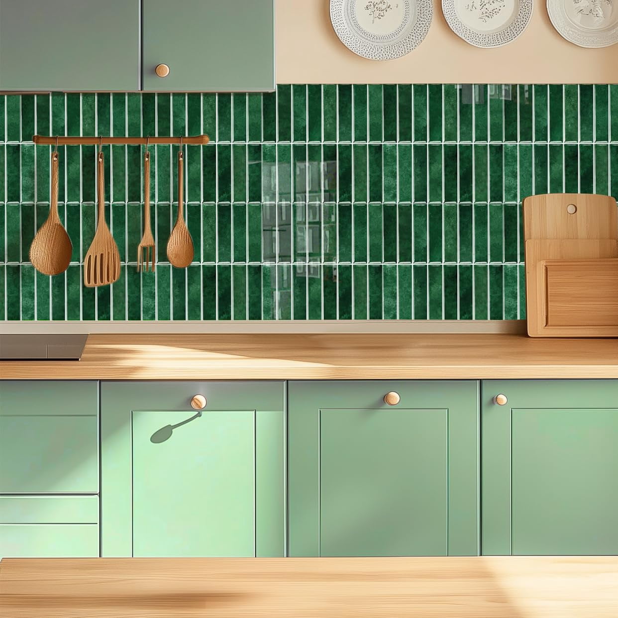 10 Sheets 12" X12inch Green 3d Vinyl Backsplash Tiles  Self-adhesive Peel And Stick Wall Tile Stickers On Subway For Kitchen Bathroom