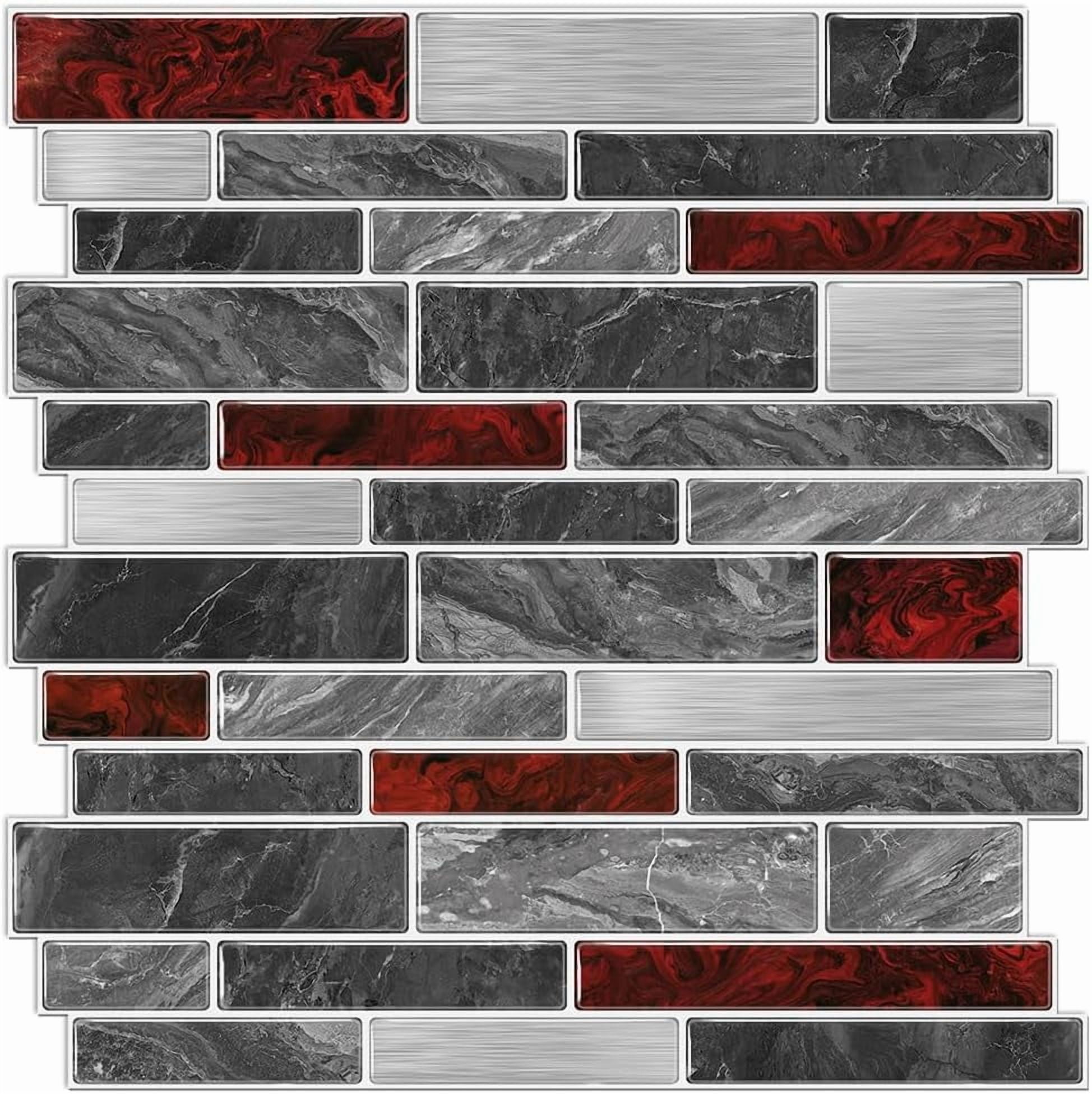 10 Sheets 12" x12inch Black and Red Marble Effect Vinyl Tiles, Backsplash, Self-Adhesive Peel and Stick Wall Tile Stickers, Stick on Subway Tiles for Kitchen Bathroom Wall Decor
