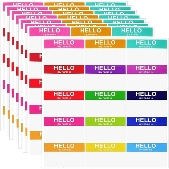 10 Sheets 15 Colors Name Tag Stickers Waterproof Self Adhesive Printed Hello My Name is Labels Stickers for School Conference Assemblies Craft Supplies, 75 x 50 mm