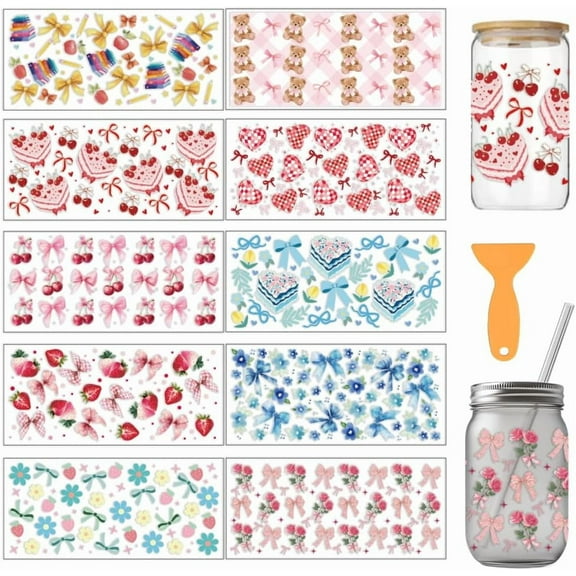 10 Sheets Adorable Cartoon Bow UV DTF Cup Wrap Bow Tie Cherry Cake Little Bear Heart Flower Patterns Rub on Decals PVC Transfer Glass Sticker