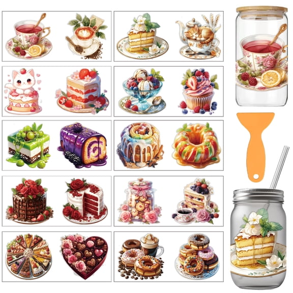 10 Sheets Afternoon Tea Theme UV DTF Cup Wraps 10 Styles Dessert Tea Coffee Cake PVC Transfer Stickers Waterproof Rub Decals