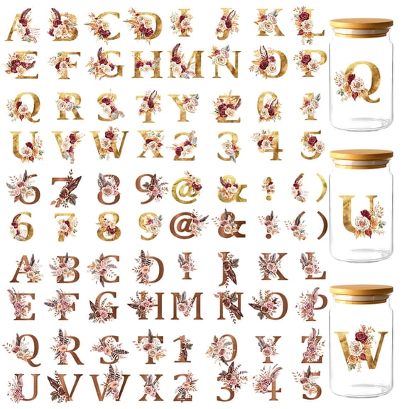 10 Sheets Alphabet Number UV DTF Cup Wraps Autumn-Winter Floral Letters Cup Wraps Decals Waterproof Rub on Transfer Stickers