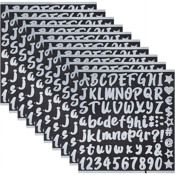 10 Sheets Alphabet Numbers Stickers Self Adhesive Label Stickers PVC Silver Letter Decals Scrapbook Vinyl Letters Numbers Kit Waterproof Decals for Graduation HatStickers Sign Address Number