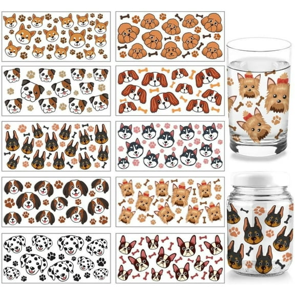 10 Sheets Animal UV DTF Cup Wrap 10 Styles Animal Theme Dog Head Footprint Rub on Transfers PVC Paper Waterproof Rub Decals Wood Crafts