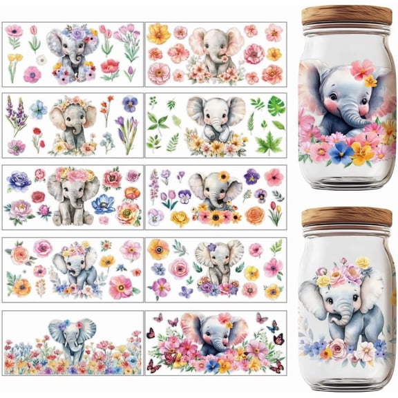 10 Sheets Animals UV DTF Cup Wrap Transfer Stickers Watercolor Flower Elephant Pattern Rub on Transfers Decal Waterproof UVDTF Cup Wraps