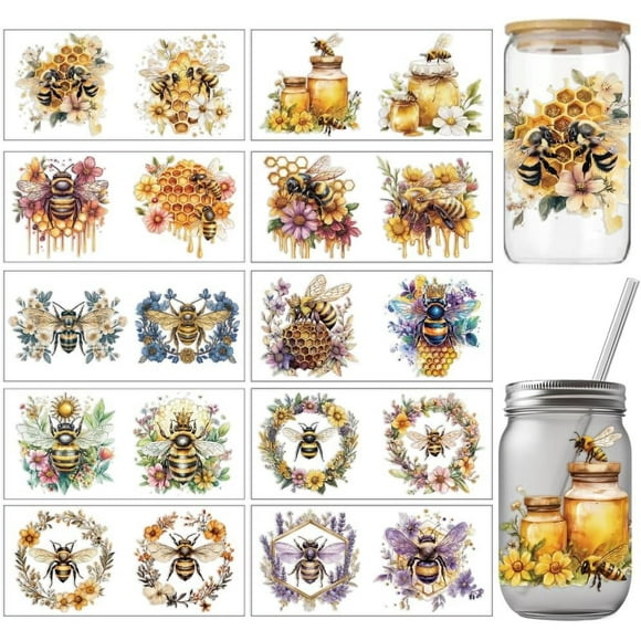 10 Sheets Bee Flower Transfer Stickers 11x24cm (4.33x9.45 inches) Beehive Honey Pot Transfer Paper Waterproof PVC Decals for DIY Glasses Furniture Luggage Decorative Stickers