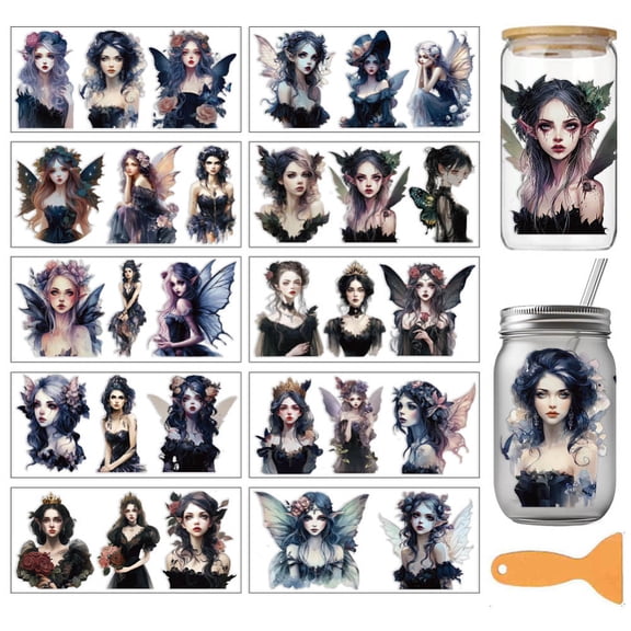 10 Sheets Black Fairy Theme UV DTF Cup Wrap 16OZ Glass Gothic Style Dark Queen Pattern Rub on Decals PVC Transfer Stickers