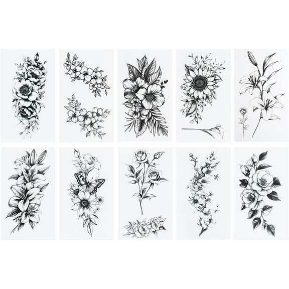 10 Sheets Black Flowers Temporary Tattoos Women Men Removable Floral Rose Leaf Branch Stickers Paper Waterproof Realistic Long Lasting Makeup for DIY Body Collarbone Arm Back Leg Art