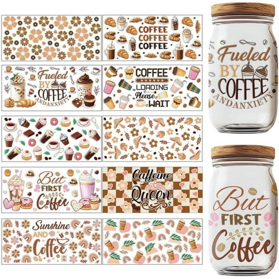 10 Sheets Boho Coffee UV DTF Cup Wraps Sunshine and Coffee UV Rub Transfer Stickers Waterproof UV DTF Cup Wrap Transfers for Coffee Cups Milk Tea Cups Glass Mugs Decor
