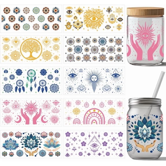 10 Sheets Boho Style UV DTF Cup Wrap Tree of Life Sun and Moon Devil's Eye Rub on Transfers Waterproof PVC Paper Rub on Decals for DIY 16OZ Glass Cups Furniture Wood 9.5x4.3inch(2411cm) Gold