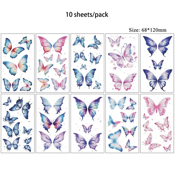 10 Sheets Glitter Powder Butterfly Temporary Stickers Waterproof Face for Girls Fairy Princess Party Body Sticker
