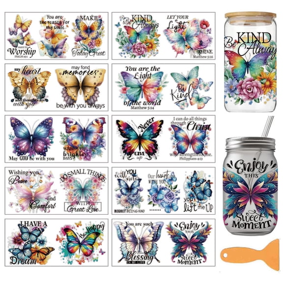 10 Sheets Butterfly Theme UV DTF Cup Wraps 10 Styles Butterfly Inspirational Words PVC Transfer Stickers Waterproof Rub Decals