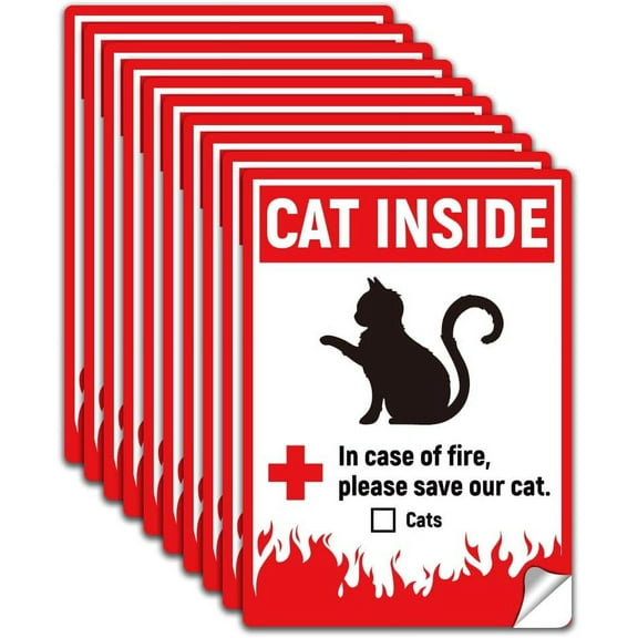10 Sheets Cat Inside Alert Signs Stickers PVC Self-Adhensive Cat Sign Pet Rescue Safety Signs Red Emergency Cat Rescue Sticker Save Our Cat Signs Fire Signs for Pets Rescue 5.1x7.1 Inch
