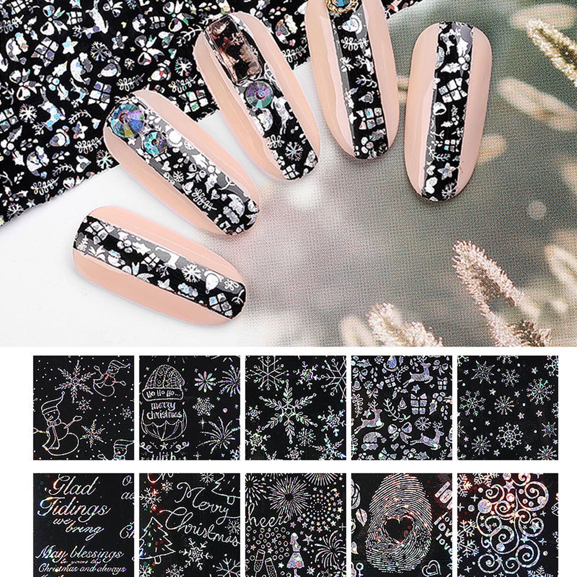 10 Sheets Christmas Nail Stickers 3D Snowflake Nail Art Decals Xmas