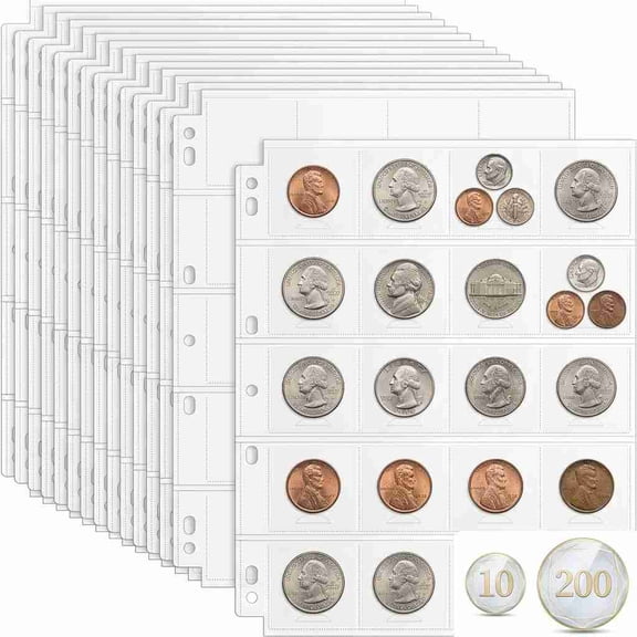 10 Sheets Coin Pocket Pages for 2" x 2" Cardboard Coin Flips, 200 Pockets Standard 7Hole for Coins Coin Binder Collection Supplies Pages