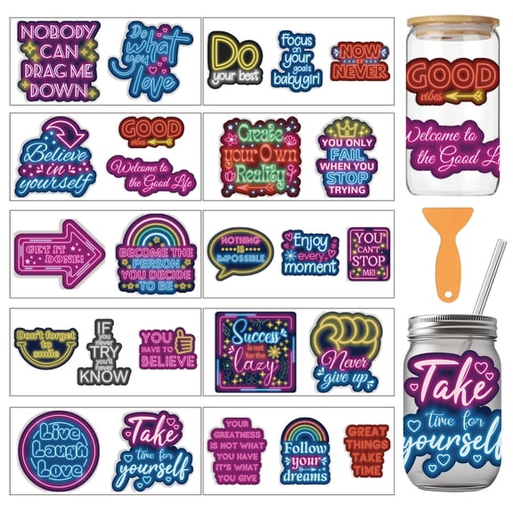 10 Sheets Colorful Light Effect Text UV DTF Cup Wrap