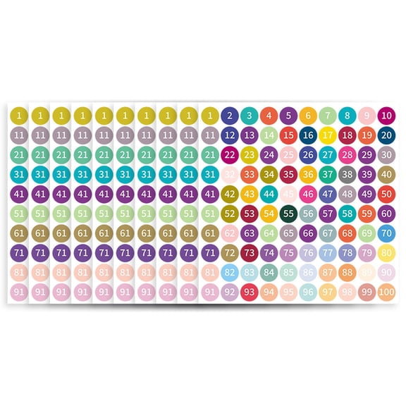 10 Sheets Consecutive Number Sticker 1-100 Adhesive Colorful Dots Numbered Labels for Classroom Home Organization
