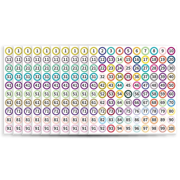 10 Sheets Consecutive Number Sticker 1-100 Colorful Adhesive Labels for School Inventory Storage and Calendar Marking