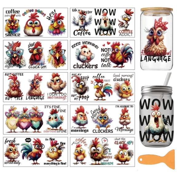 10 Sheets Cute Chicks Theme UV DTF Cup Wraps 10 Styles Farm Chicks PVC Transfer Stickers Waterproof Rub Decals for 16 OZ Glass Cups Crafts 9.5x4.3Inch