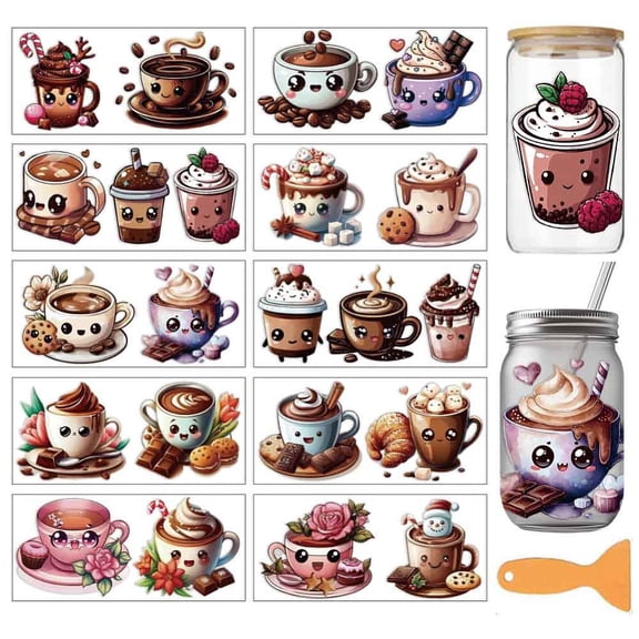 10 Sheets Cute Coffee Theme UV DTF Cup Wraps 10 Styles Cute Cartoon Coffee Character PVC Transfer Stickers Waterproof Rub Decals