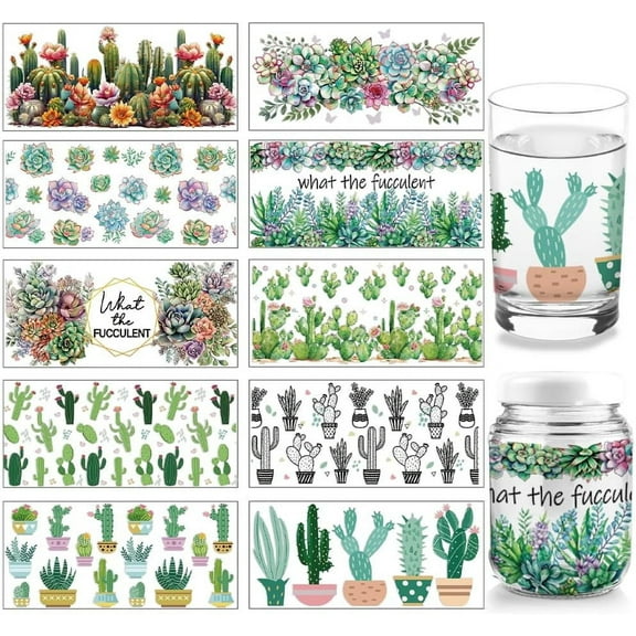 10 Sheets Desert Plant Theme UV DTF Cup Wrap Cactus Succulent Aloe Patterns Rub on Decals Waterproof PVC Transfer Stickers for DIY 16OZ Glass Cups or Plant Pots