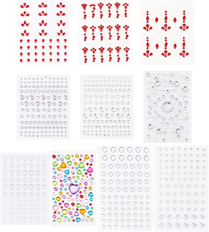 10 Sheets Eye Body Face Gems Self Adhesive Face Rhinestones for Makeup ...