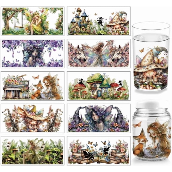 10 Sheets Fairy Theme UV DTF Cup Wrap for 16OZ Glass Tree Castle Butterfly Horse Wings Elf Rub on Decals Dreamful Transfer Stickers for DIY Bottles Wood Garden Decor Women