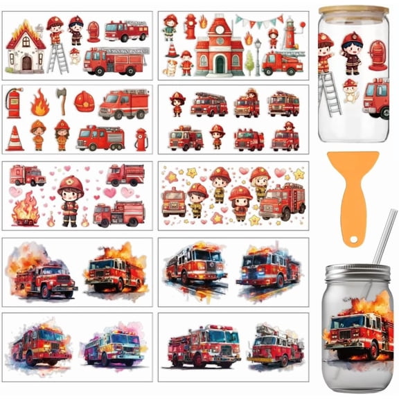 10 Sheets Fire Truck UV DTF Cup Wrap for 16OZ Glass Male and Female Firefighter Burning House Rub on Decals PVC Transfer Stickers for DIY Cups Wood Funiture 24x11cm/9.4x4.3inch Colorful