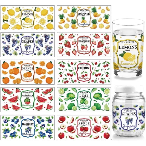 10 Sheets Fruit Theme UV DTF Cup Wrap Grape Orange Lemon Strawberry Pattern Rub on Decals PVC Transfer Stickers for DIY Fruit Jam Containers or 16OZ Glass Cups DIY