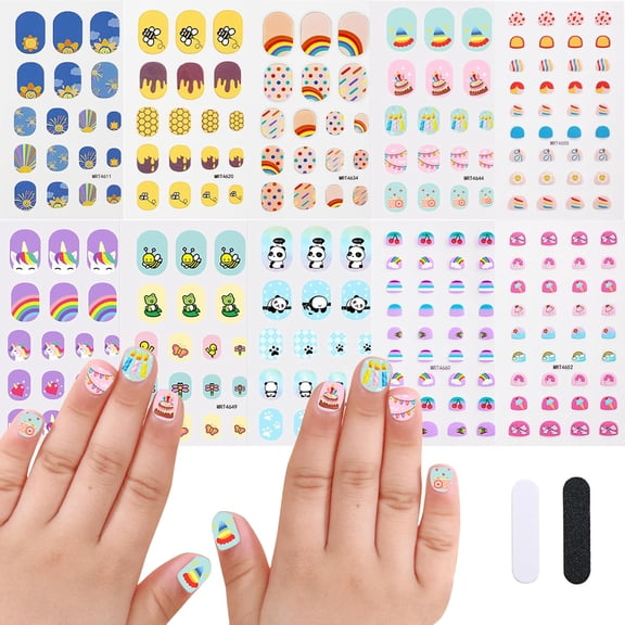 10 Sheets Full Nail Wraps Stickers for Kids with Nails Strips Self Adhesive Nail Decals Cute Fun Including Panda Rainbow Cake Bees Nail Decor for Grils Child Age 3+ Festival & Daily Life