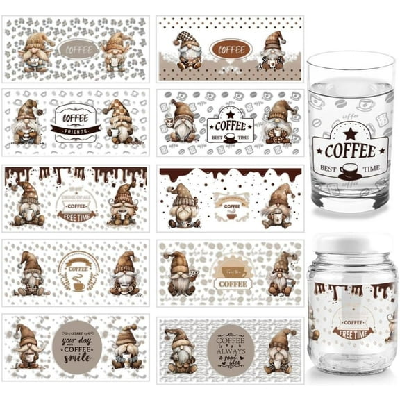 10 Sheets Gnome UV DTF Cup Wrap for 16OZ Glass Dessert Coffee Dwarve Rub on Decals PVC Transfer Stickers for DIY Cups Bottles Jars Drinks Food Container Crafts