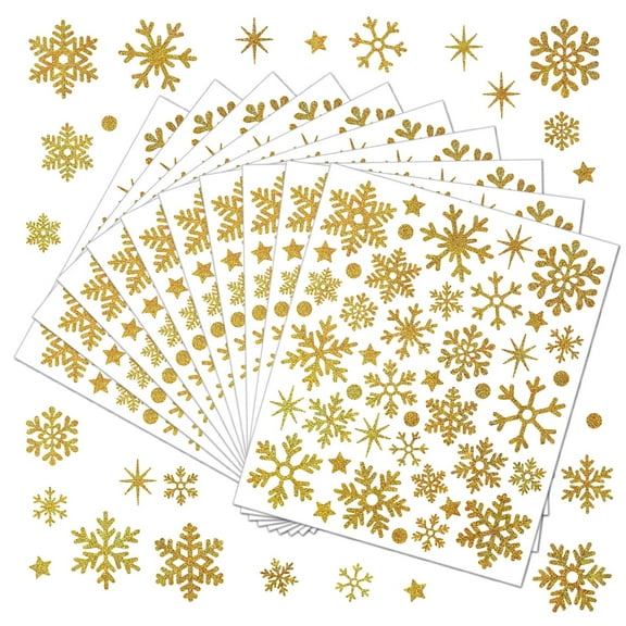 10 Sheets Gold Glitter Snowflake Stickers, Holographic Waterproof Vinyl Decals for Christmas Gift Wrapping, Greeting Cards, Envelope Seals & DIY Holiday Crafts (7.6" x 9")