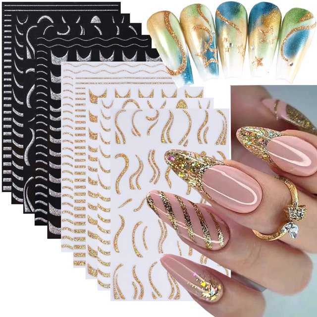 10 Sheets Gold Line Nail Art Stickers Decals French VShaped Sparkly