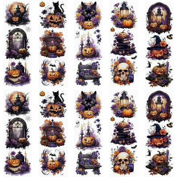 10 Sheets Halloween Rub on Transfer Stickers, Crow Ghost Bat Skull Transfer Stickers Decals Waterproof for Home Party DIY Crafts, 10x30cm