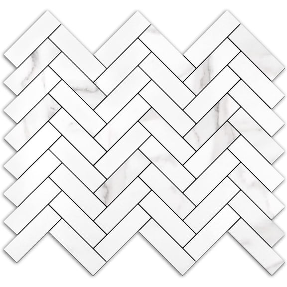 10 Sheets Herringbone Peel and Stick Backsplash, Stick on Aluminum Composite PVC Kitchen Backsplash, Marble White Mixed Light Grey Look Self Adhesive Wall Tiles