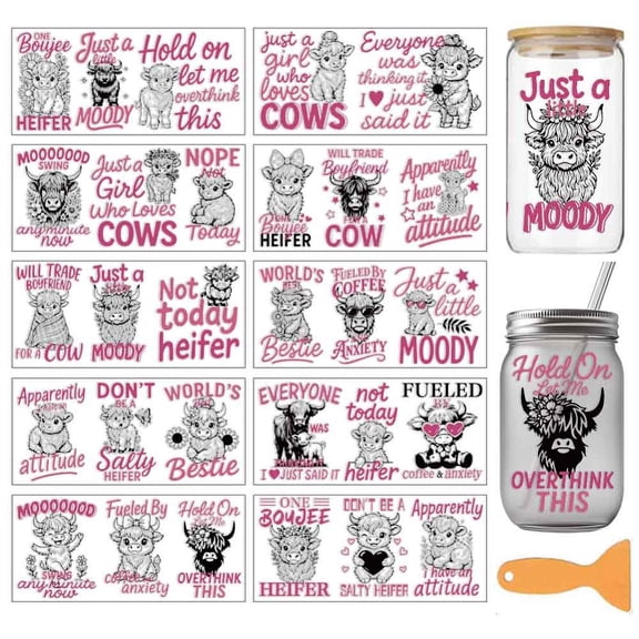 10 Sheets Highland Cattle Theme UV DTF Cup Wraps 10 Styles Cows and Funny Sentences PVC Transfer Stickers Waterproof Rub Decals
