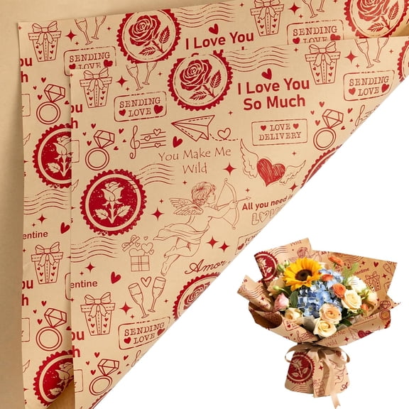 10 Sheets Kraft Valentines Flower Wrapping Paper, Cupid Roses LOVE Letter Design Floral Bouquet Paper for Valentines, Anniversary, Wedding, Gift Packaging, 19.7 x 27.6In Each