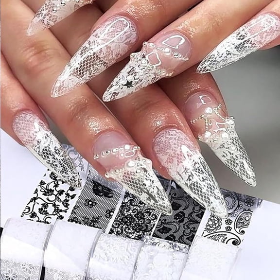 10 Sheets Lace Nail Foil White & Black Nail Stickers Design Transfer Foils Starry Sky Paper Nail Art Foil Decals for Nails Salon Decoration