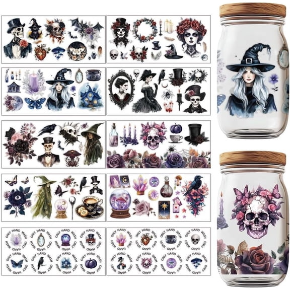 10 Sheets Magic UV DTF Cup Wraps Dark Aesthetic Transfer Stickers Black Rose Goth UV Rub Transfer Stickers